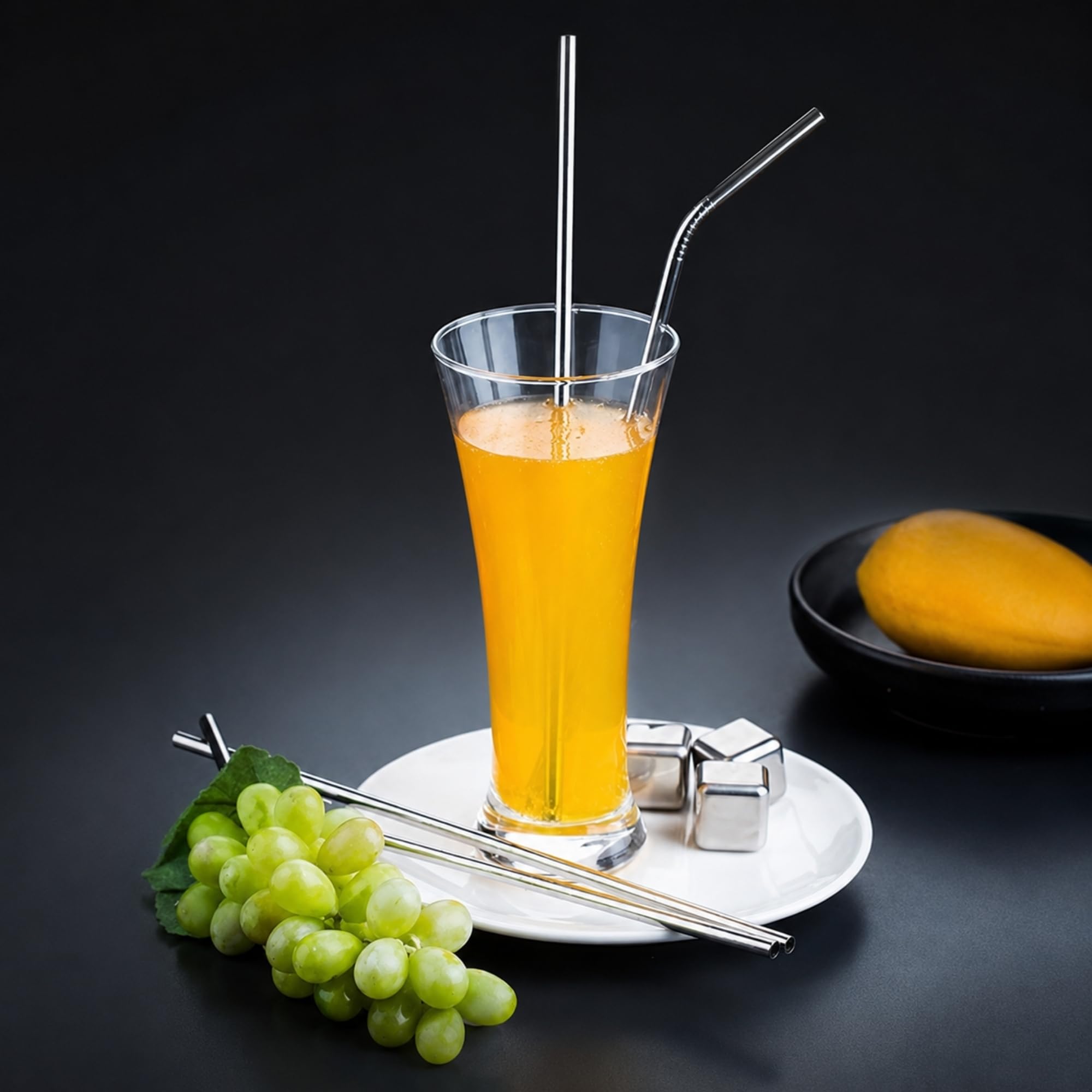 Calessier 6’lı Metal Pipet Seti, Temizleme Fırçalı Düz ve Kavisli Tekrar Kullanılabilir Pipet, Smoothie Milkshake Kokteyl ve Soğuk İçecekler İçin Modern Metal Pipet