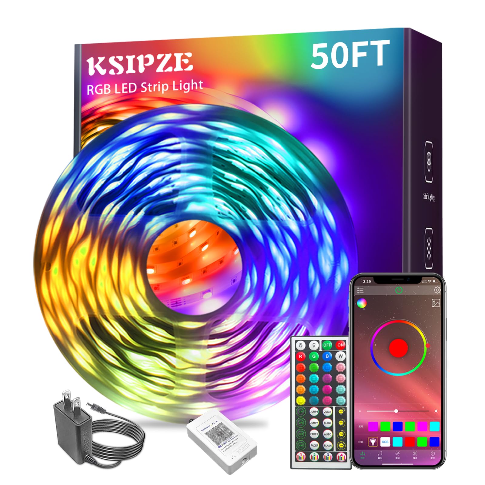 KSIPZE Led Lights for Bedroom 50ft Led Strip Lights with Remote RGB Color Changing Music Sync Smart App Control for Room Bedroom Lighting Flexible Home Décor