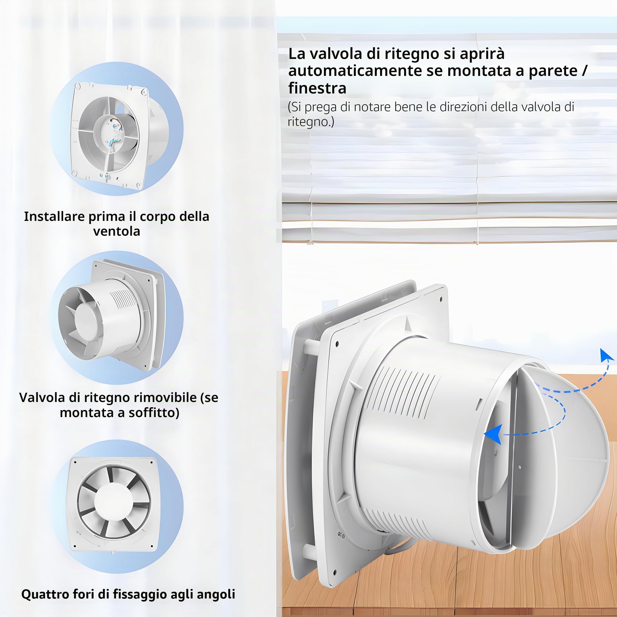 Ventilatore di scarico da cucina 120 mm 130 m³/h IPX2 silenzioso con valvola di controllo 1 m cavo UE