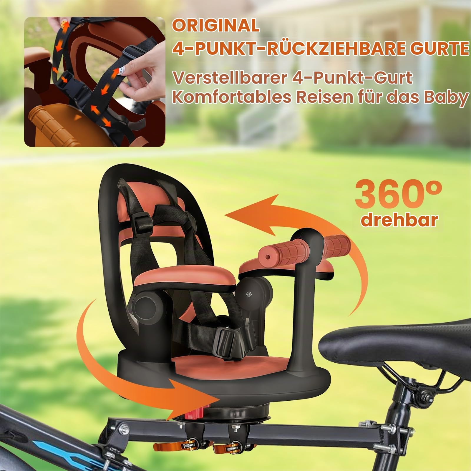 auvstar Kindersitz Fahrrad Vorne,Mountainbike Kindersitz,Sitz Um 360° Schwenkbar,Schnellspanner,Mit Fußstütze,Armlehnen,Gitter,Sicherheitsgurten,Geeignet Für Kinder Im Alter Von 1-3 Jahren (Braun)