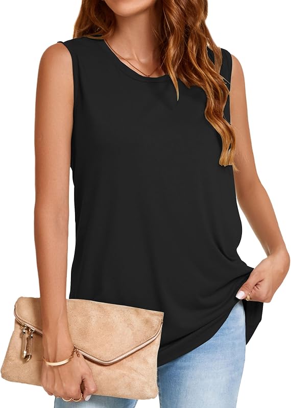 Tank Top for Women Crew Neck Sleeveless Summer Tops Solid Color Casual Loose Fit Dressy Tshirts(Black, L) image 5