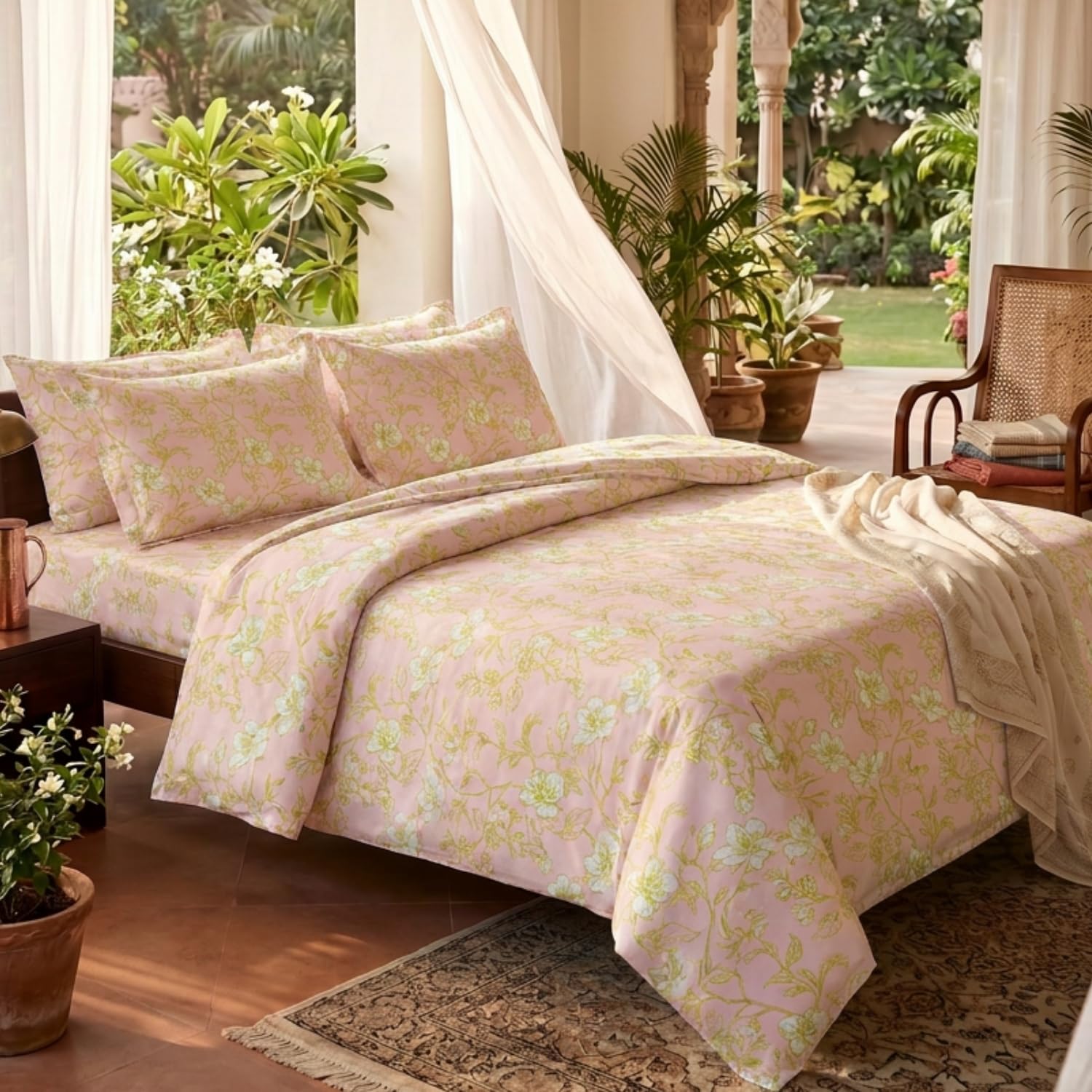 haus & kinder Double Bedsheet for Queen Size Bed | 90 x 100 Inches 186 TC Cotton Bedsheet for Double Bed with 2 Pillow Covers - Soft Haze Lime