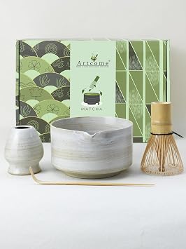 Artcome Matcha Bowl Set with Spout   Handmade Ceramic Chawan, Bamboo Whisk, Whisk Holder, Tea Scoop, and Matcha Manual   Japanese Tea Ceremony Set