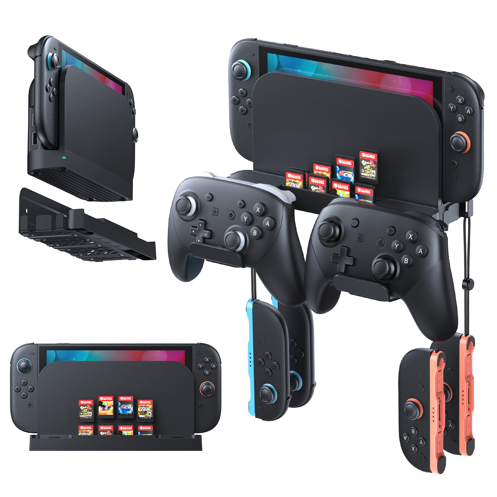 Klipdasse Support Mural Métallique pour Nintendo Switch 2/1 (Montage derrière TV) - Étagère Organisatrice Switch 2 avec 10 Fentes pour Cartes de Jeu et 4 Crochets pour Joycon
