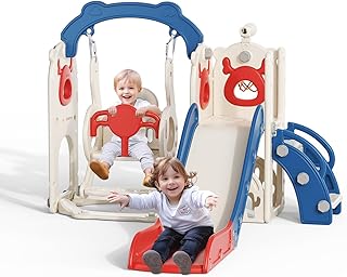 Swing Slide,6-in-1 Toddler Slide and Swing Set with Basketball Hoop, Garden Climbing Frame,Telescope,Storage,Stable and Durable Large Slide Swing for Toddlers Age 1-3, Kids Gift(Blue Red)