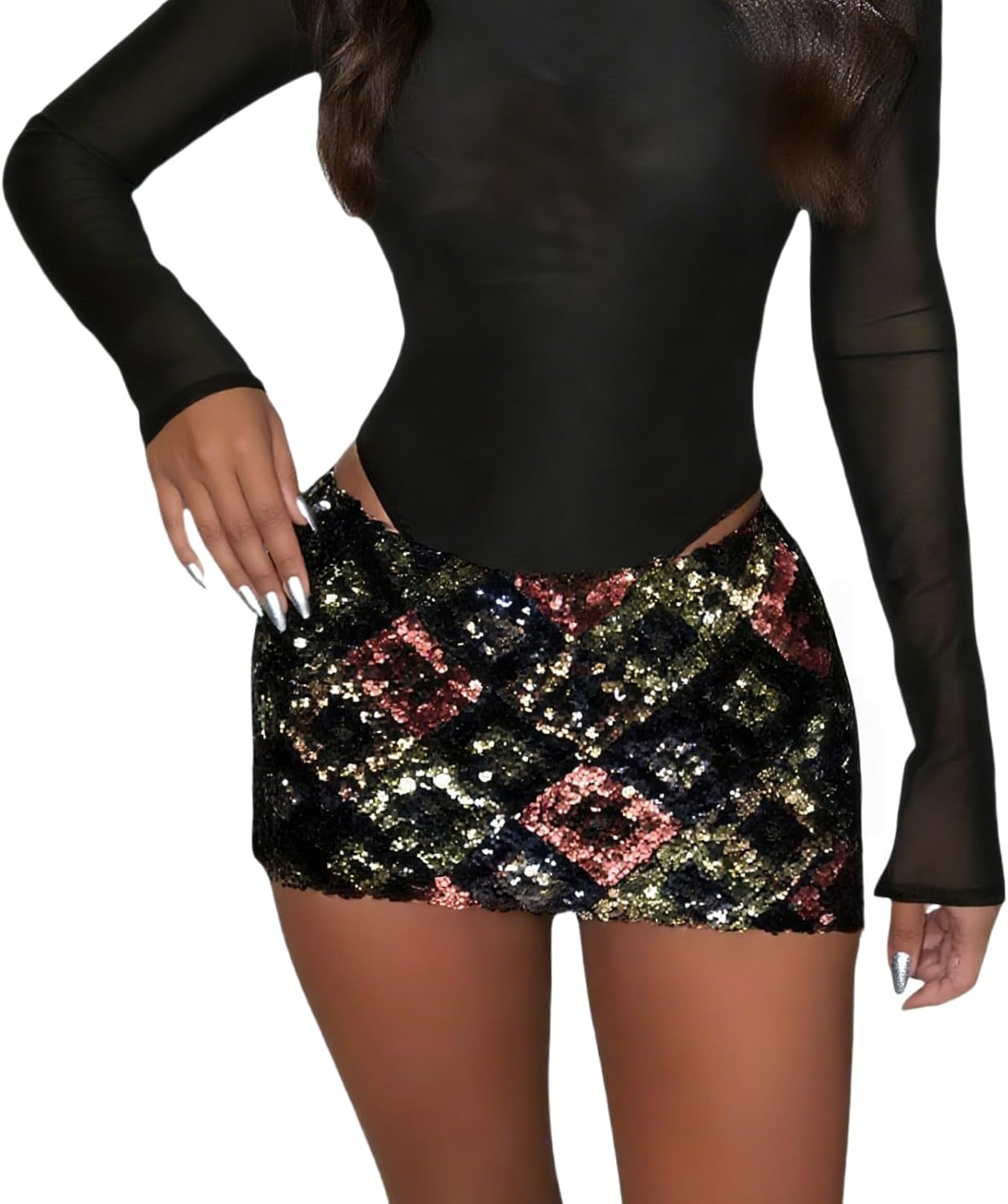 JUMISEE Women's Sparkly Sequin Mini Skirt Sexy Y2K Low Rise Pencil Skirt Shiny Bodycon Short Skirts for Concert Dance