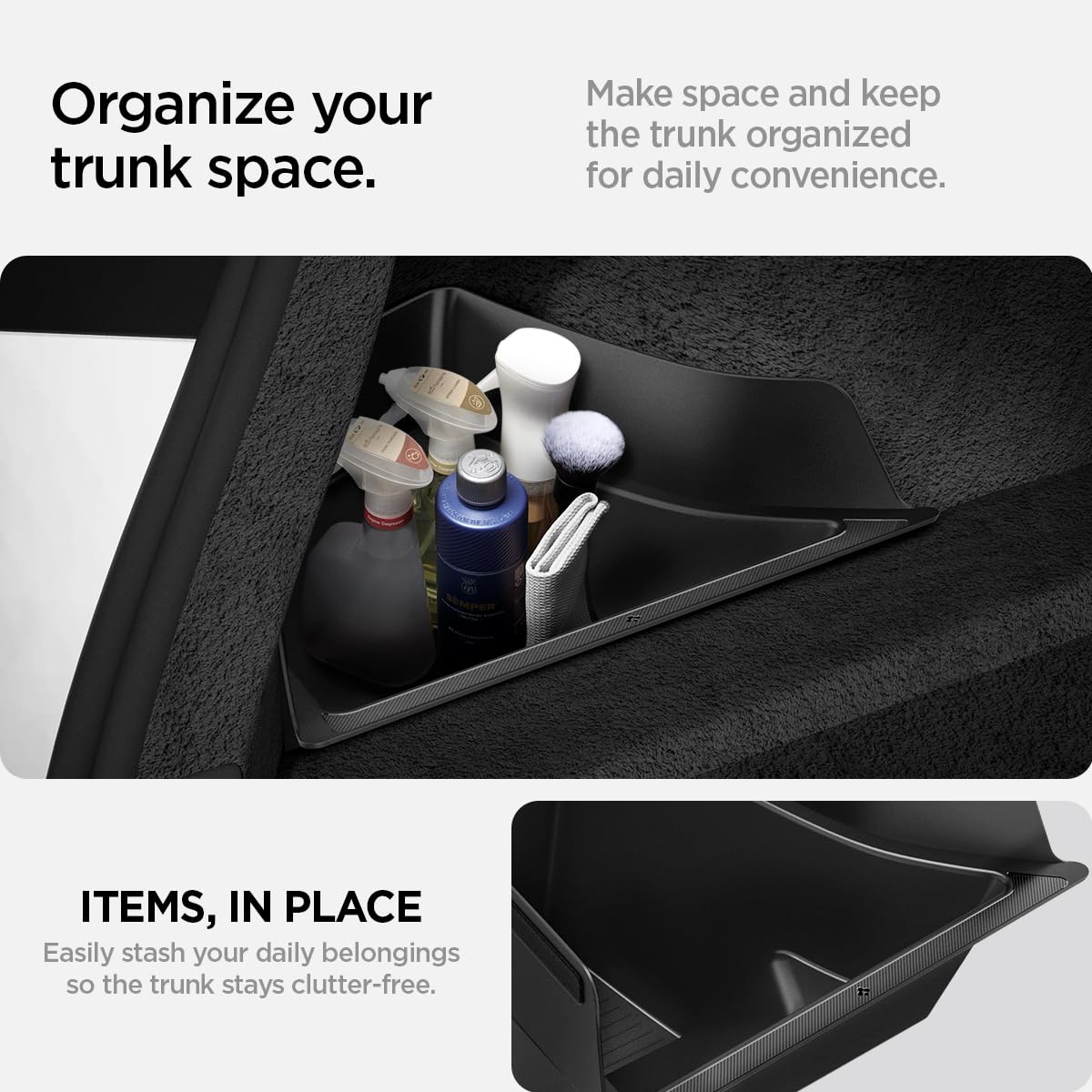 Spigen Tesla Model 3 Highland 2026 Organizador de Maletero de TPE [Paquete de 2] Rayas Antideslizante, Caja de Espacio de Almacenamiento, Diseñado para Accesorios Tesla Model 3
