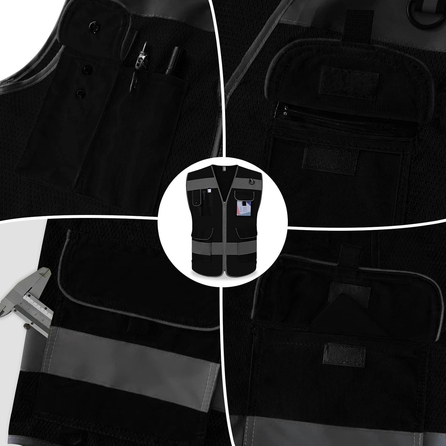 TCCFCCT Mesh Black Safety Vest for Men Women 9 Pockets High Visibility Reflective Vest for Safety, Work Vest with Reflective Strips, Meets ANSI/ISEA Standards, Large - Image 4