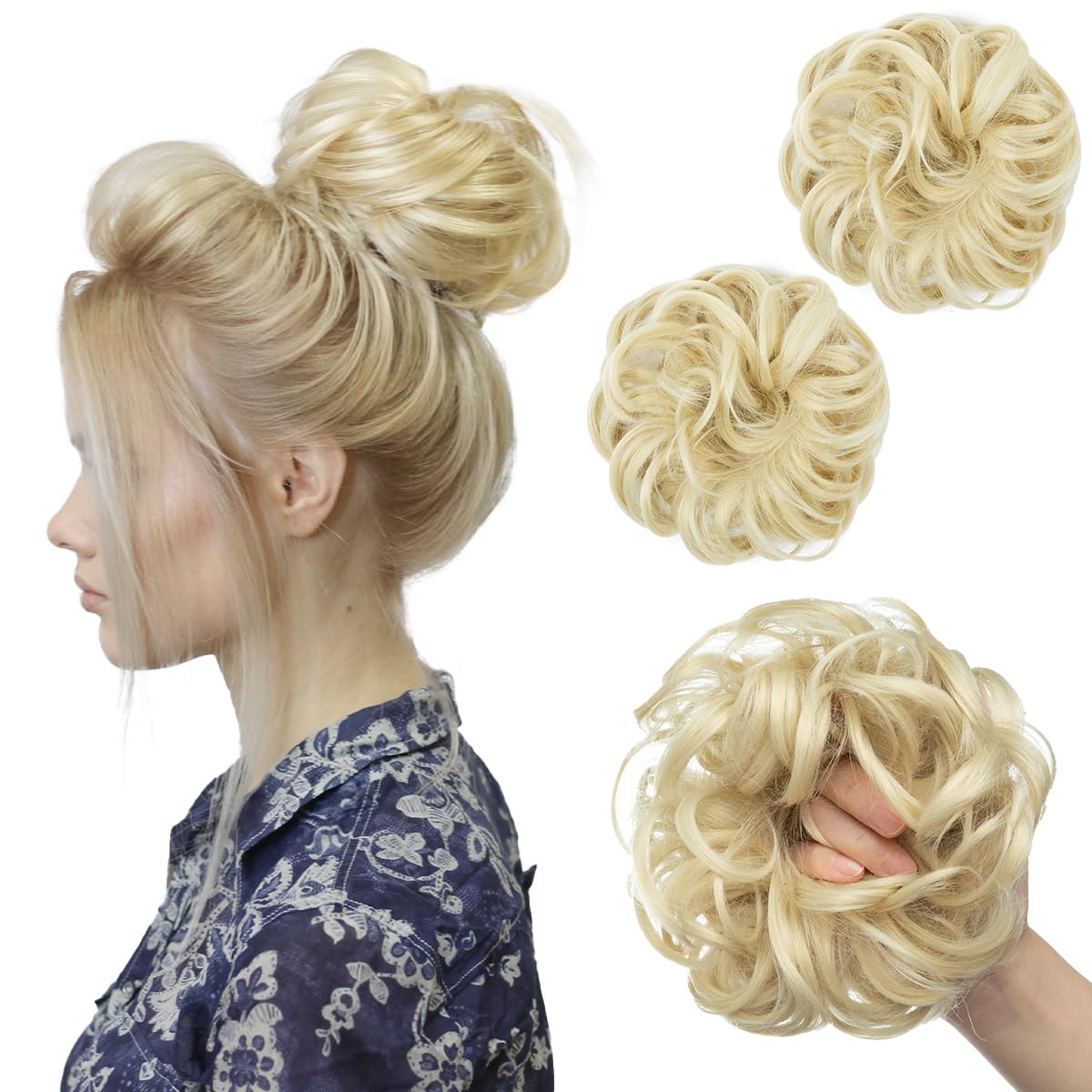 SARLA 2PCS Messy Hair Bun Hair Pieces Wavy Curly Synthetic Updo Fake Scrunchies Ponytail Extension for Women Beach Blonde