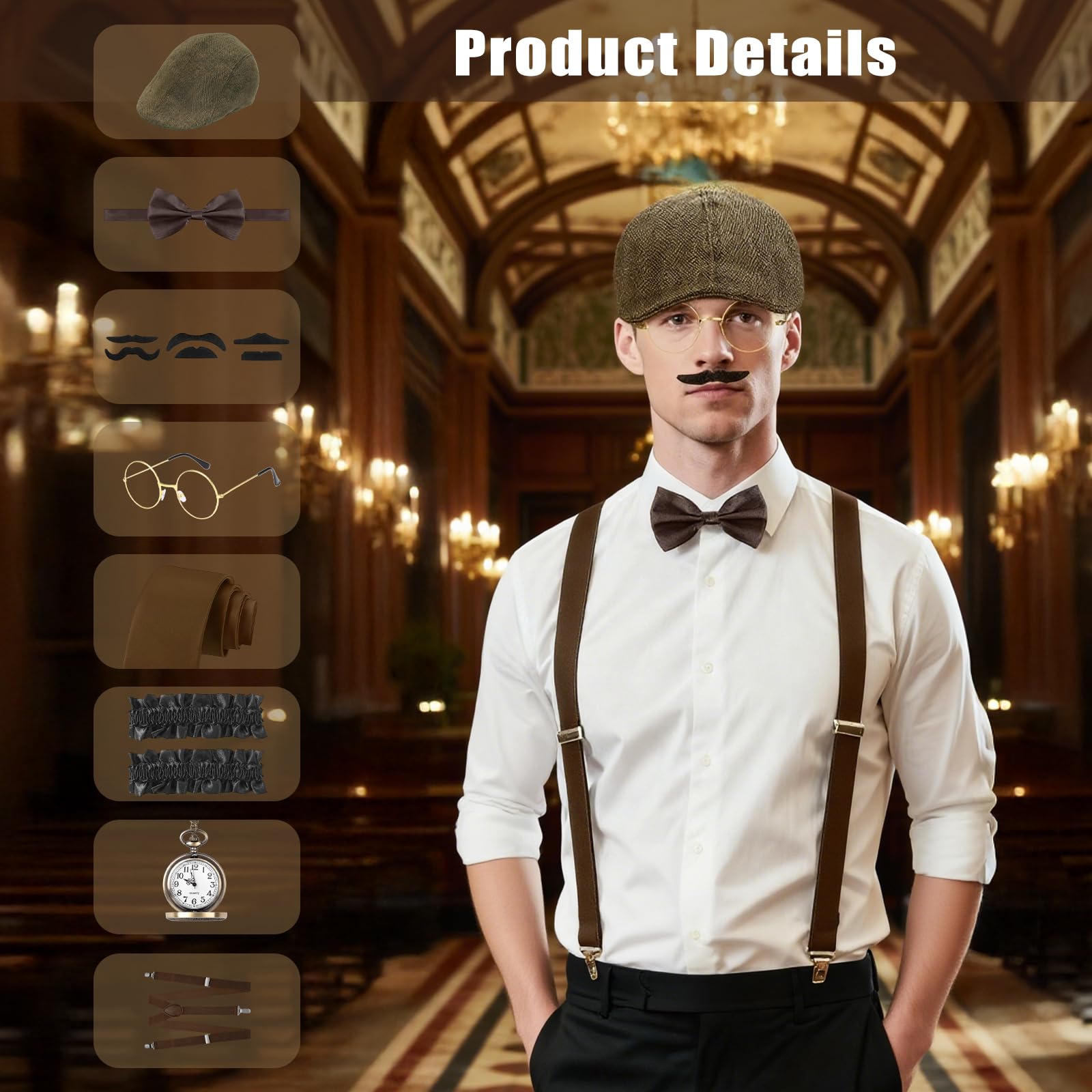 8PCS Akcesoria Męskie z Lata 20, Kostium Great Gatsby Gangster, Przebranie z Lata 1920, z Beret, Męski Zegarek Kieszonkowy, Bretele, Muszka, Brokat, Okulary, Krawat
