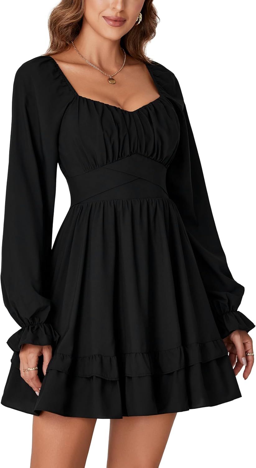 KIFOVEN Women's Lantern Long Sleeve Smocked Wrap Tiered Ruffle Flowy A Line Short Mini Dress - Image 4