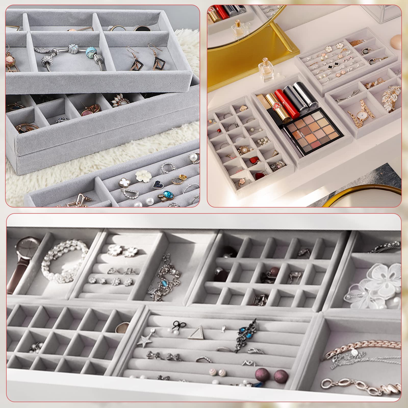 UMILKI 6pcs Organizador Joyas Cajones,Tamaños Diferentes Gavetas Apilables, de Terciopelo, Bandeja Joyas Para Guardar y Exhibir de para Arete