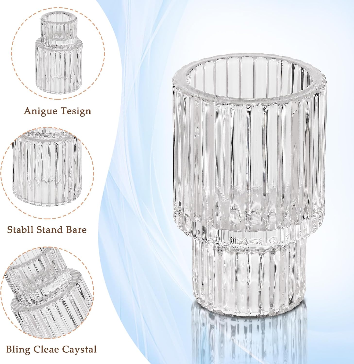 48 Pack Glass Taper Candle Holders, Clear Ribbed Candlestick Holders Bulk