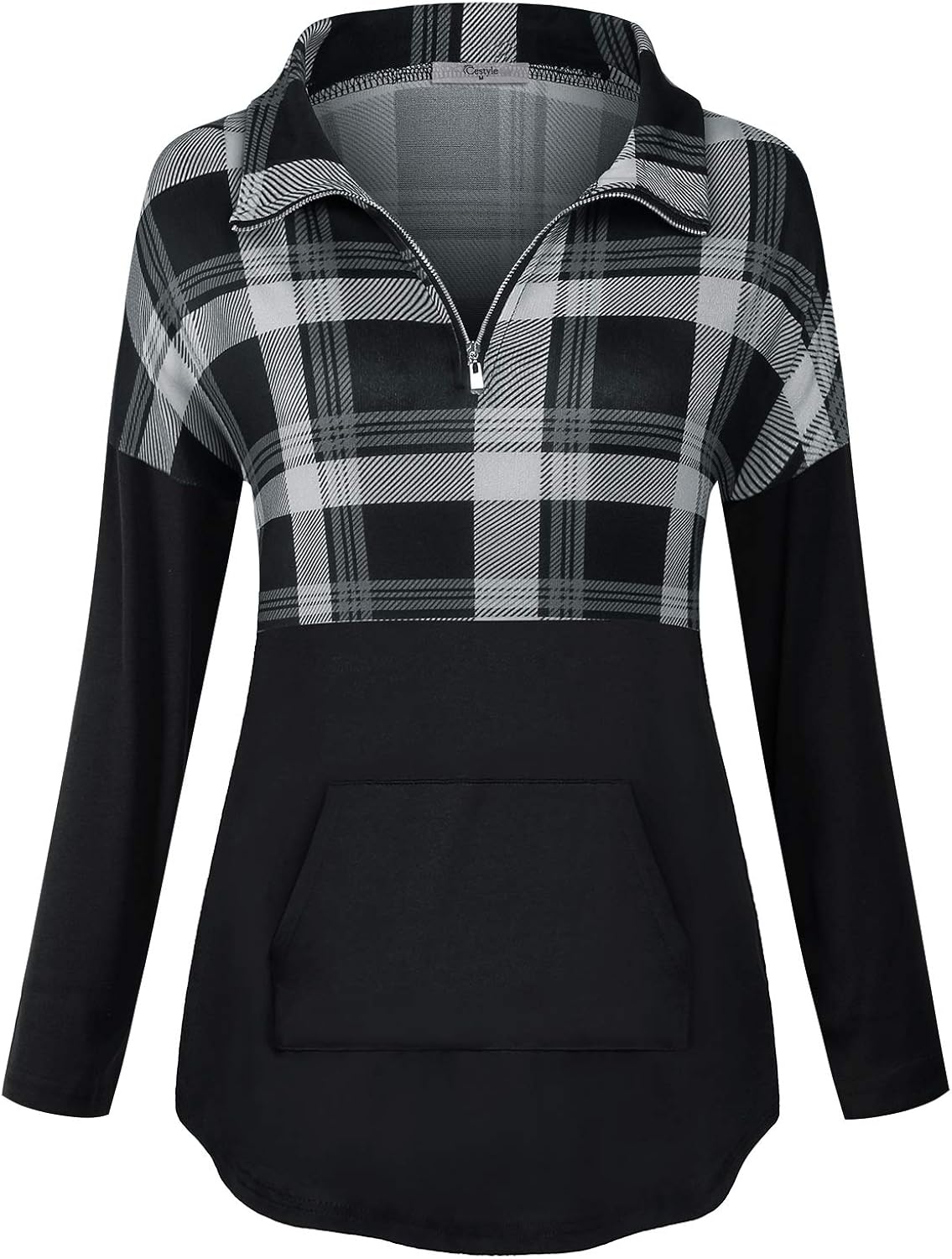 Cestyle Half Zip Pullover Women, Juniors Checked Turn Down Collar Plaid