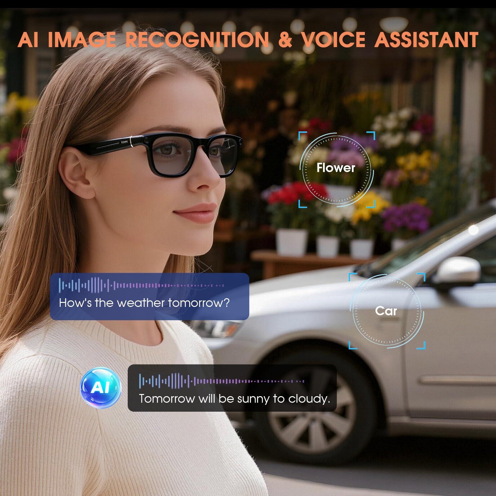 2026 AI Smart Glasses 4K Caméra HD 1200P Lunettes avec Enregistrement vidéo, Traduction simultanée/Identification d'objet GPT, lentilles photochromiques, avec étui de Charge 3600 mAh