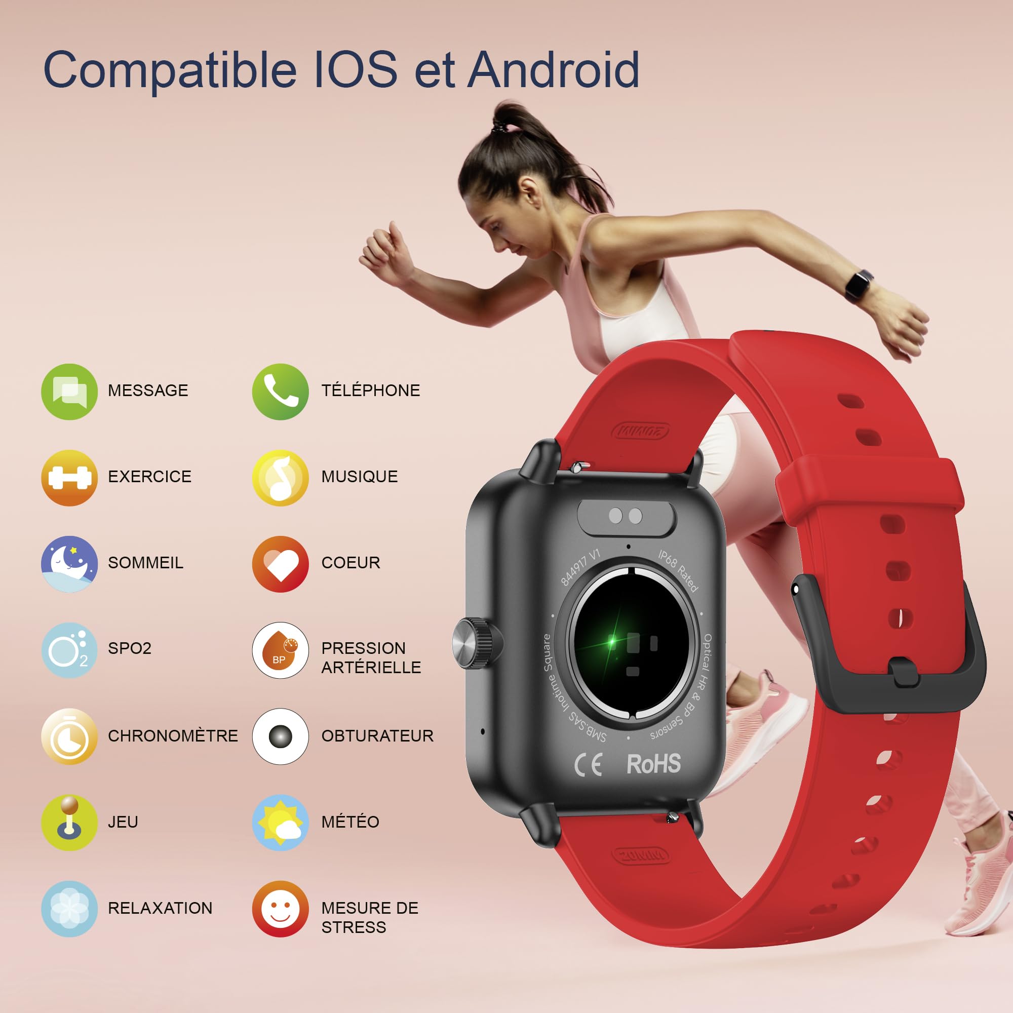 Digitec Montre connectée Square Noire avec Bracelet en Silicone Rouge, Homme Femme, Suivi activité et Sommeil