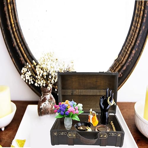 Miniatura 6 de Jerliflyer Maleta decorativa antigua, caja de almacenamiento de madera decorativa de gran capacidad, de cuero de madera, equipaje antiguo para