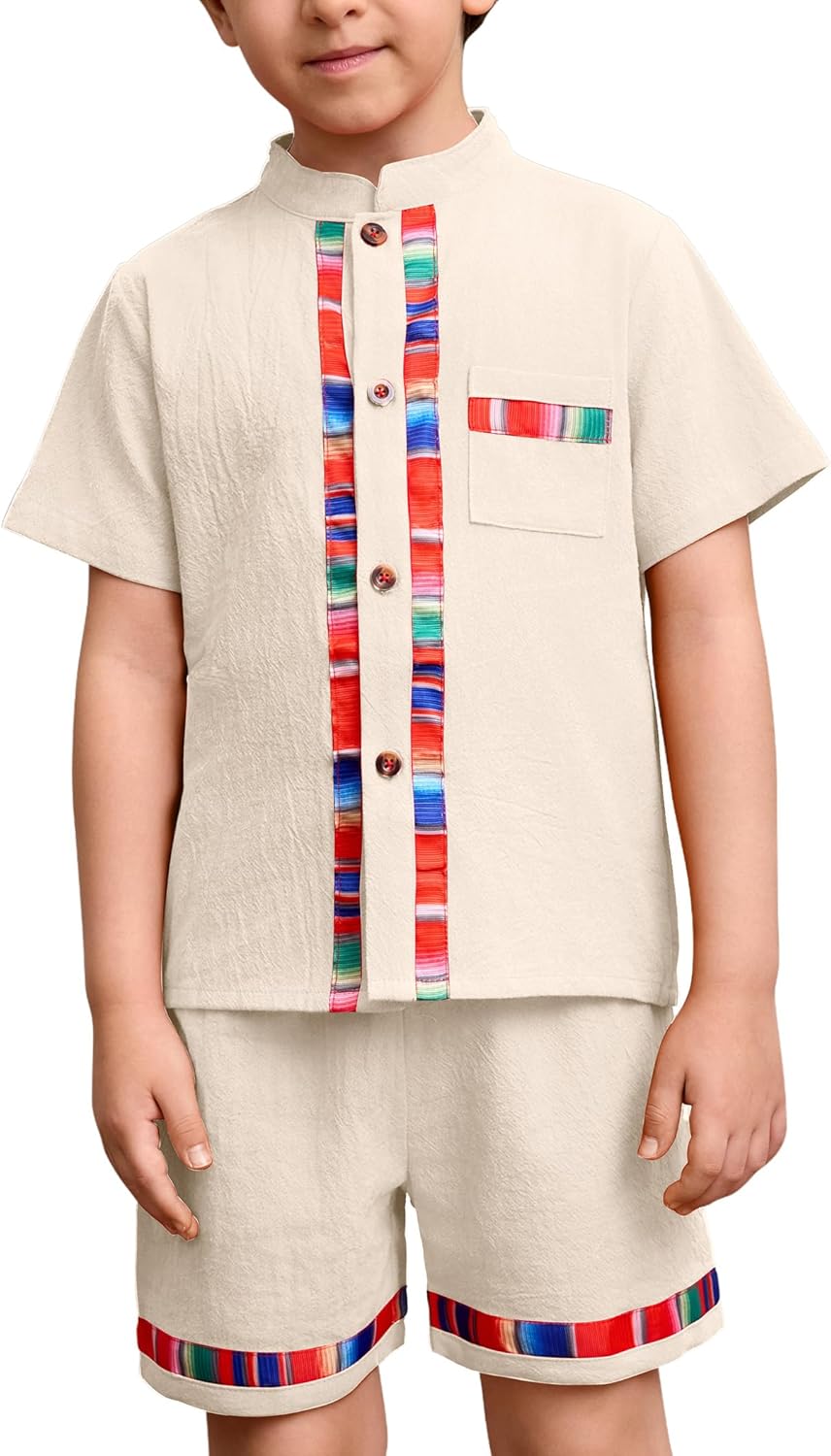ABEWIP Baby Boys Mexican Outfits Embroidery Fiesta Traditional Guayabera for Toddler Button Up Shirt+Shorts 2Pcs