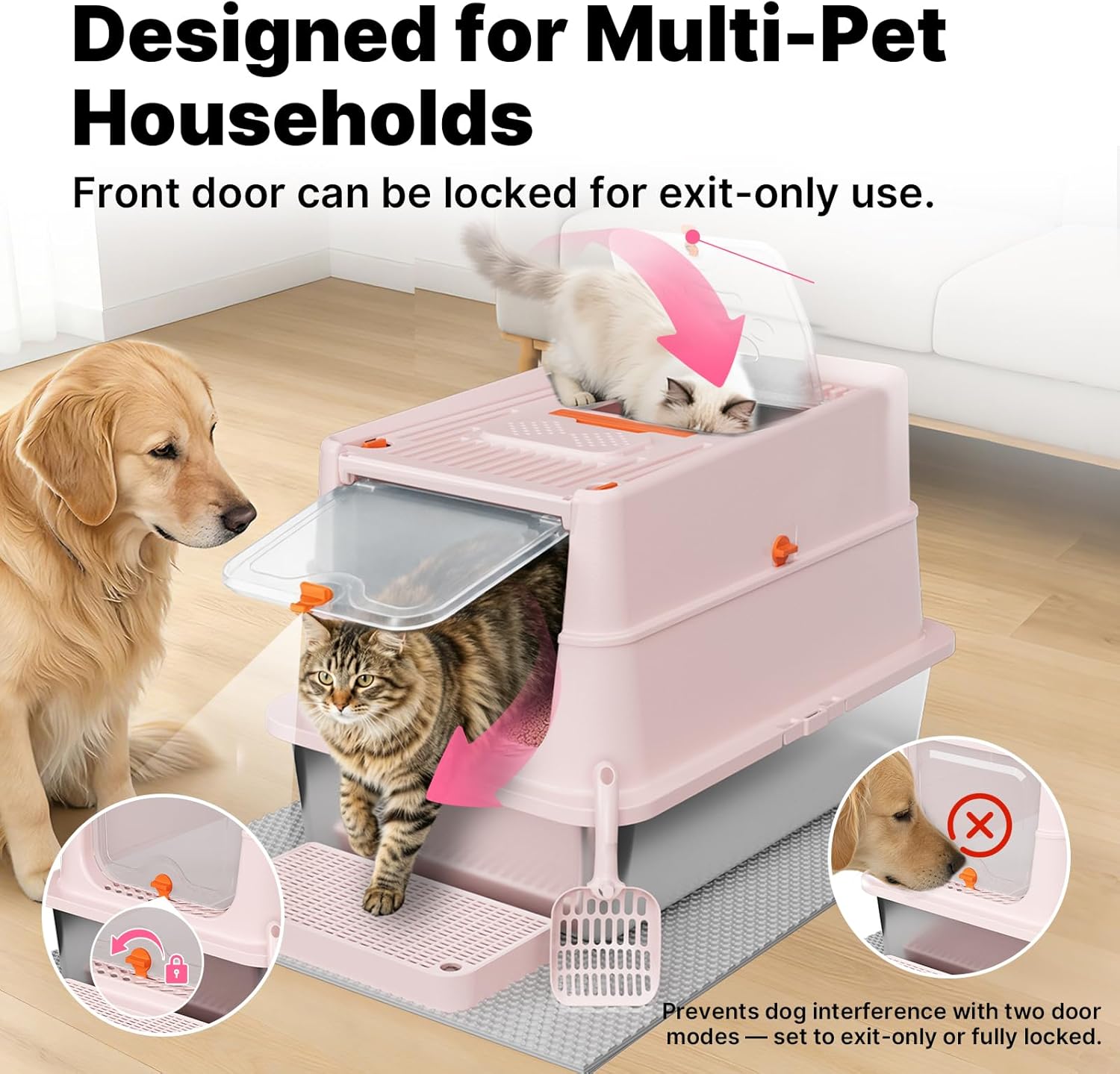 Stainless Steel Litter Box with Flip Lid, XL Extra Large Cat Litter Box with High Sided Top Entry Design, Anti-Leakage Enclosed Metal Litterbox for Big Cats, with Handle, Mat, Pedal & Scoop, Pink