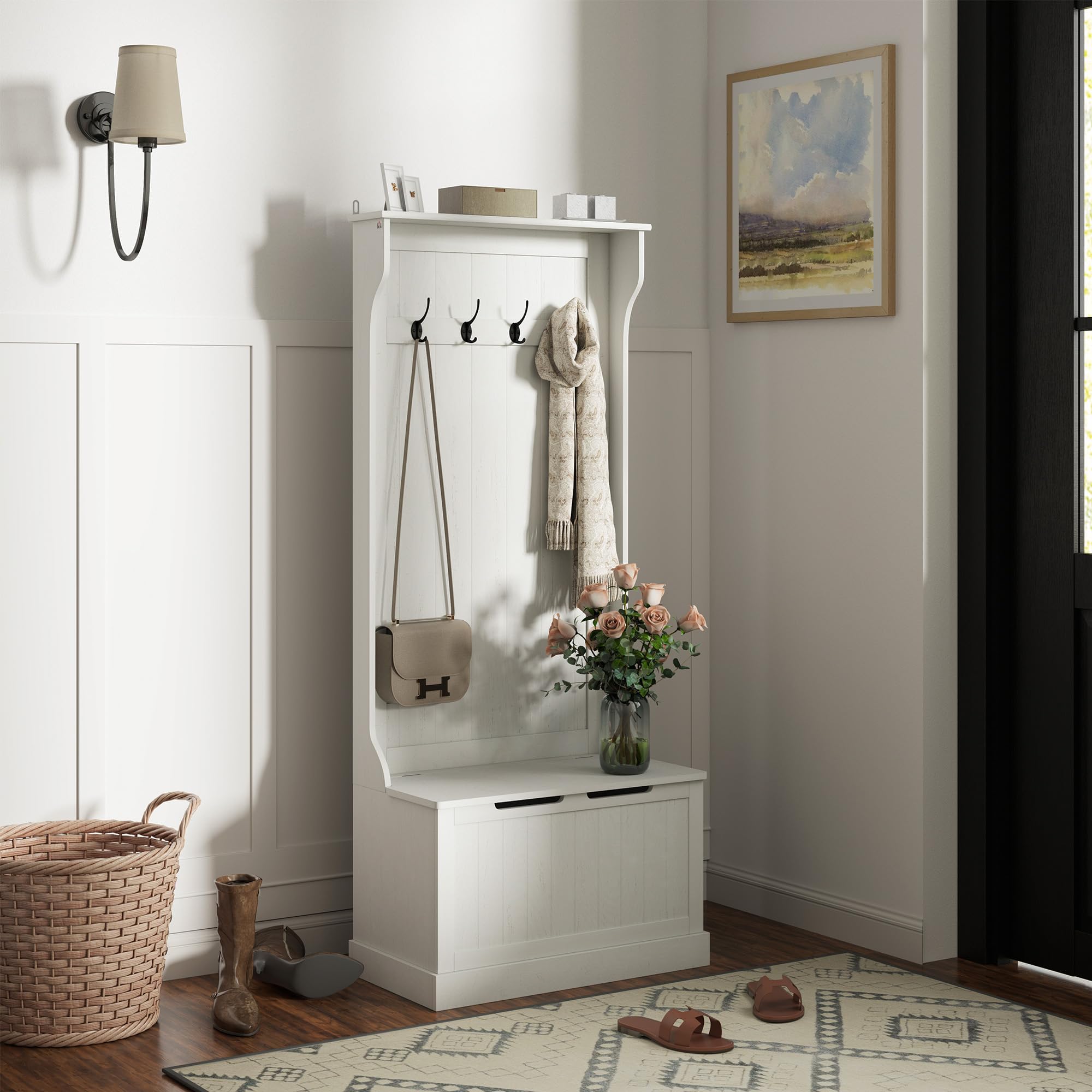 HOMCOM Hall Tree with Bench and Shoe Storage, 3-In-1 Entryway Bench with Coat Rack, 4 Hooks and Flip Top Storage Compartment, Cream White