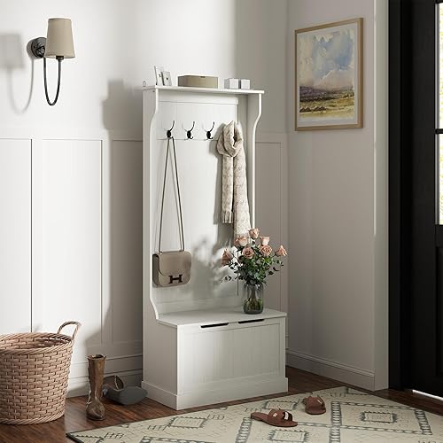 Miniatura 15 de HOMCOM Árbol de entrada con banco y almacenamiento para zapatos, banco de entrada 3 en 1 con perchero, 4 ganchos y compartimento de almacenamiento