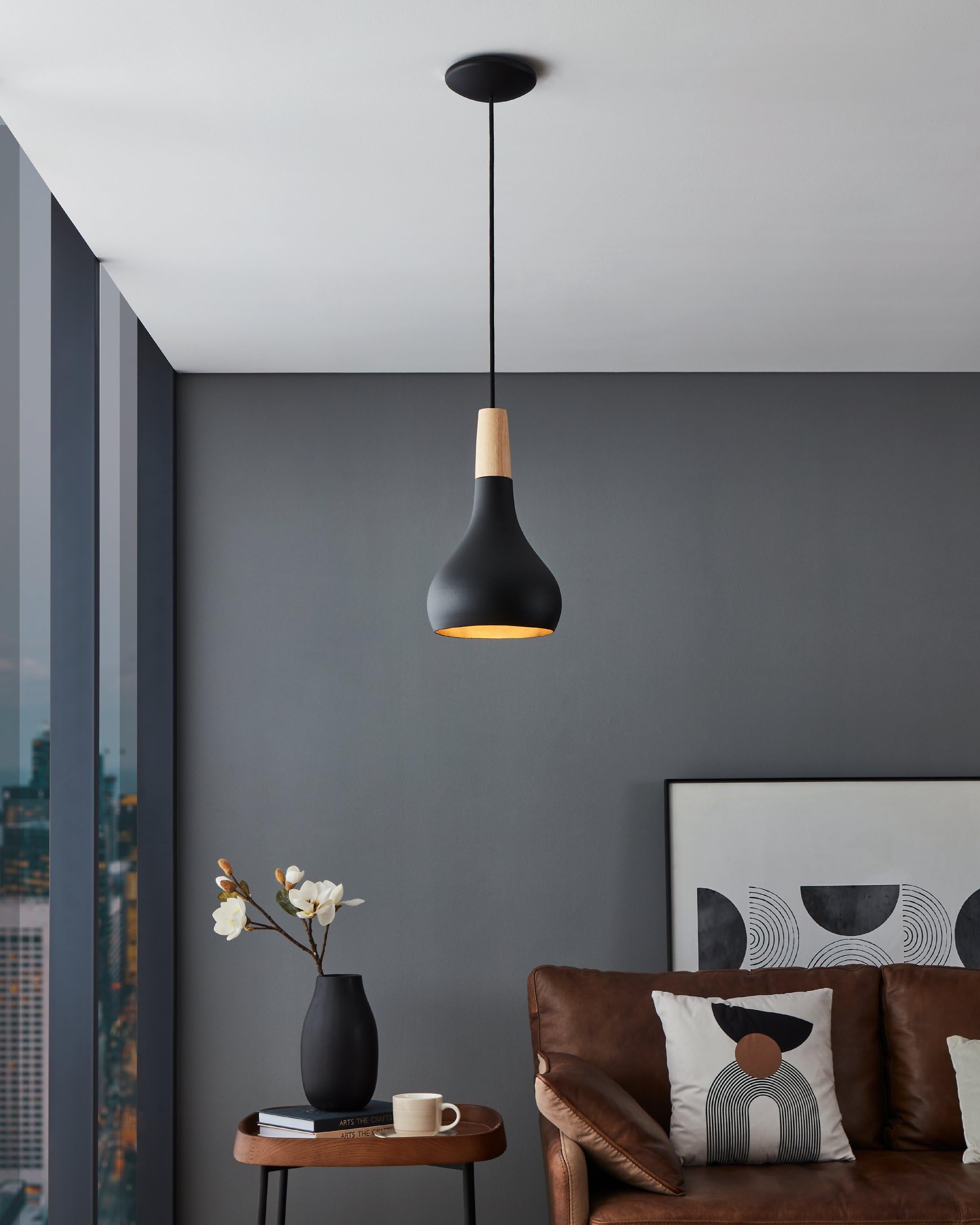 EGLO lampa wisząca Sabinar, lampka do salonu i jadalni | światło z metalu w kolorze czarnym i drewna w kolorze naturalnym, FSC100HB, oświetlenie wiszące, oprawka E27, Ø 18 cm
