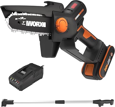 WORX NITRO Mini Motosierra batería 5 Pulgadas WG325E.1, Sierra de poda con pértiga de extensión de 125 cm, Motor sin Escobillas, PowerShare 20V, 1 batería y 1 cargador incluido