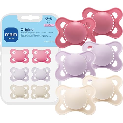 MAM Original Baby Pacifiers 0-6 Months, Binky for Newborn Babies, BPA-Free Skin Soft Silicone Nipple, Glows in The Dark, Developed with Medical Experts, 6 Count, Made in Europe