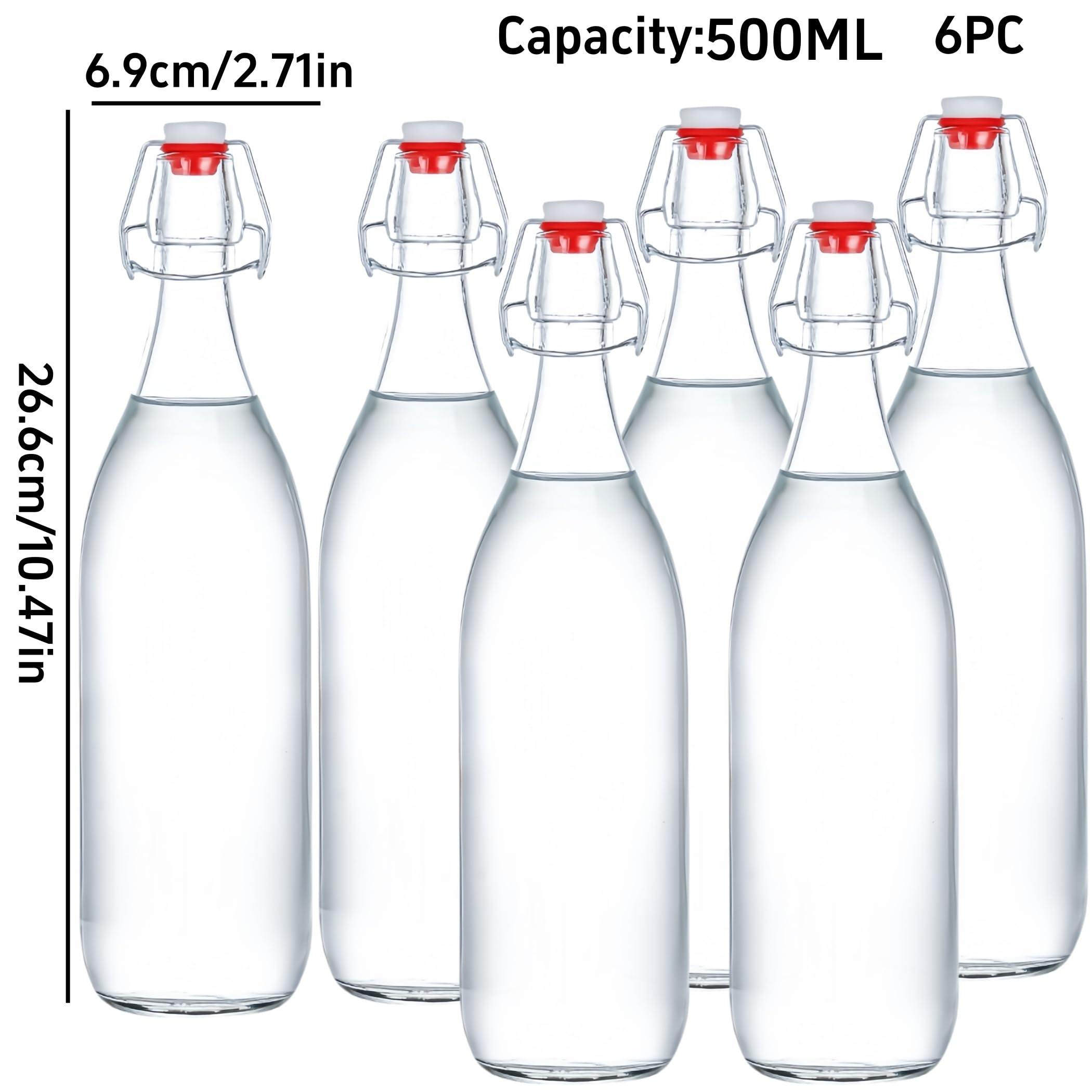 Botellas de vidrio con tapa abatible, 6 botellas de cerveza de vidrio transparente de 500 ml para bebidas, aceite, vinagre, cerveza, agua, refrescos, segunda fermentación