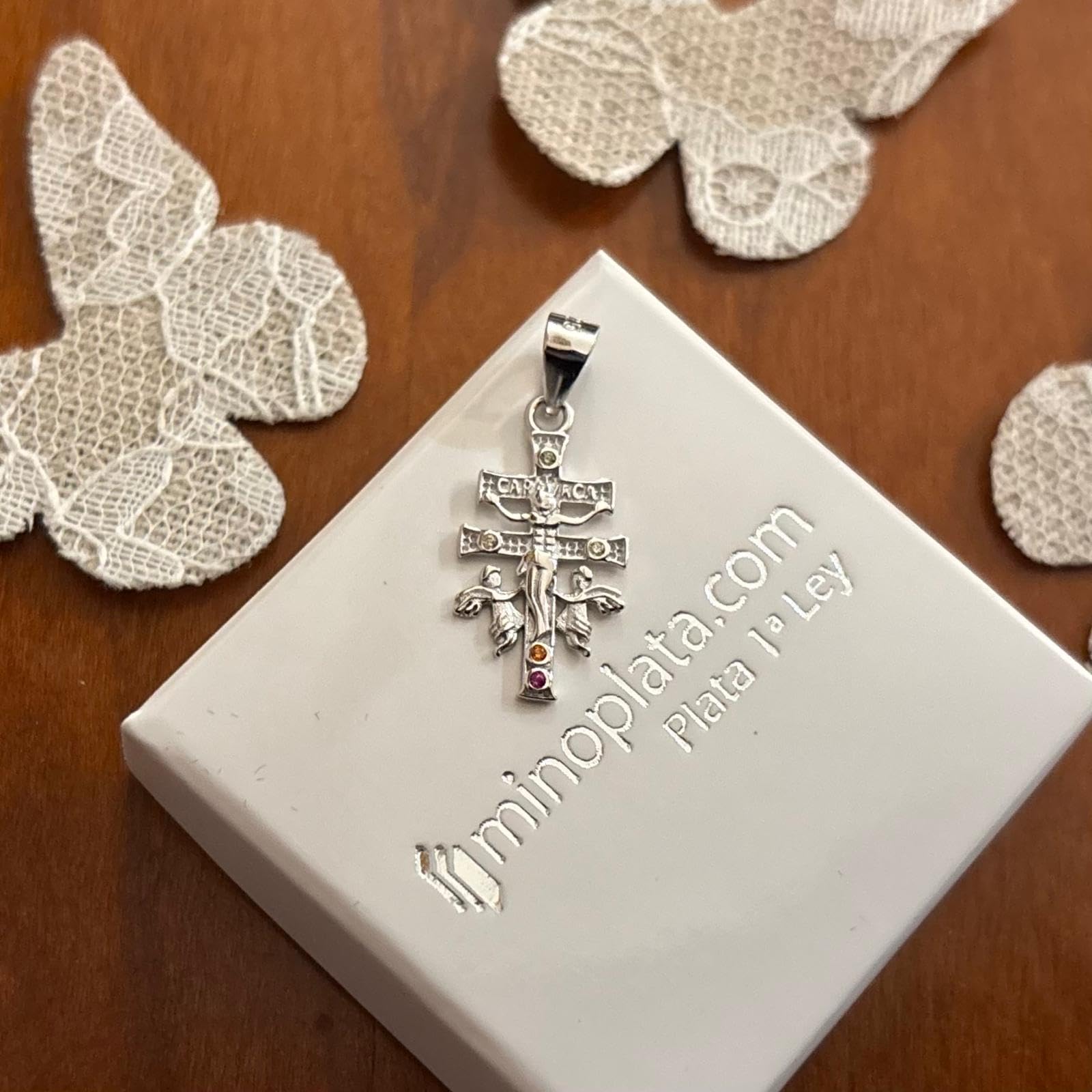 Caravaca-Kreuz Kette aus rhodiniertem Sterlingsilber und Zirkonia, 20 x 10 mm, Pequeño, Sterling-Silber, Kein Edelstein