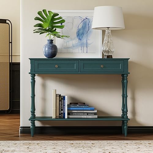 Miniatura 6 de ARTPOWER Mesa consola para entrada con 2 cajones, montaje mínimo, mesa de entrada retro verde con armarios de almacenamiento y estante abierto, mesa