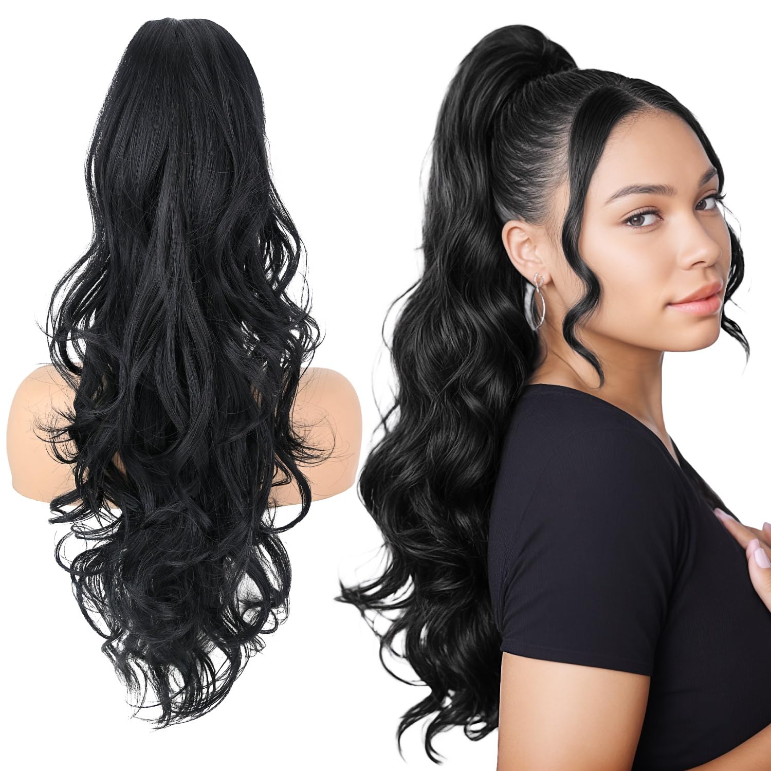 SOMOREATY Ponytail Extension, 24" Claw Clip in Ponytail Extensions Synthetic Hairpiece Long Curly Wavy Layered Hair Extension Jaw Clip on Pony Tails