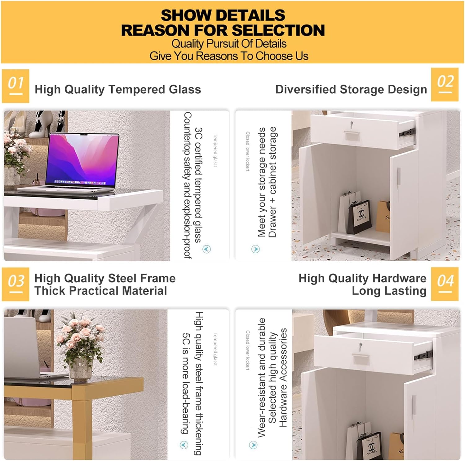 Gold Front Reception Desk with Lockable Drawers - Modern Office Reception Room Lobby Beauty Salon Supermarket Counter