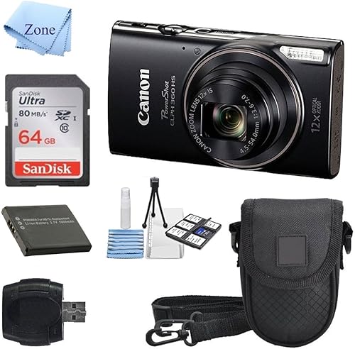 Canon PowerShot ELPH 360 HS (negro) con zoom óptico de 12 x y Wi-Fi integrado con kit de inicio de lujo que incluye trípode flexible SDHC de 64 GB +