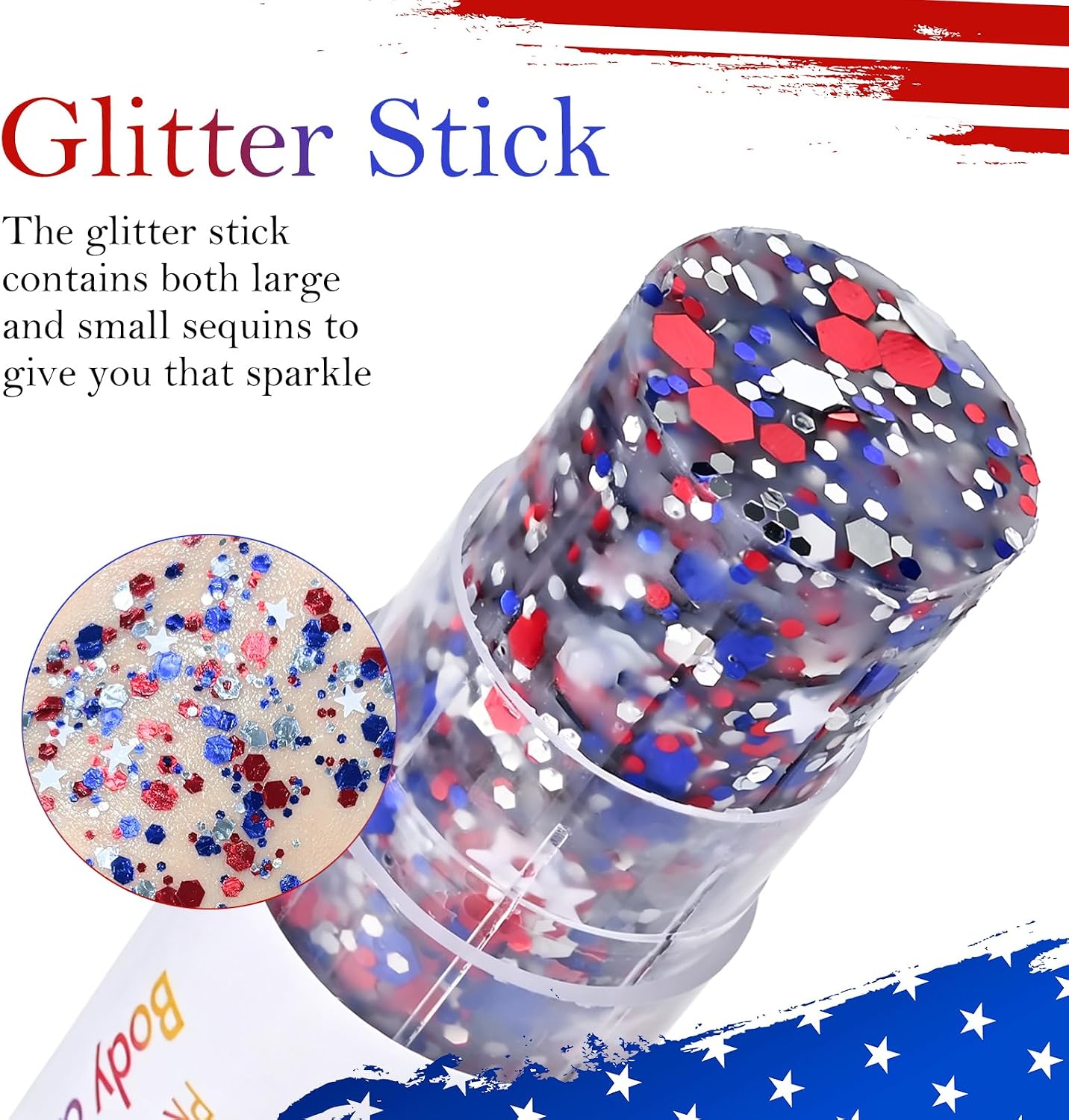 Red White Blue Body Hair Face Glitter Stick, USA Flag Pride 4th of July Patriotic Accessories with Star Glitter Makeup for Women, Holographic Mermaid Sequins Face Sparkle Chunky