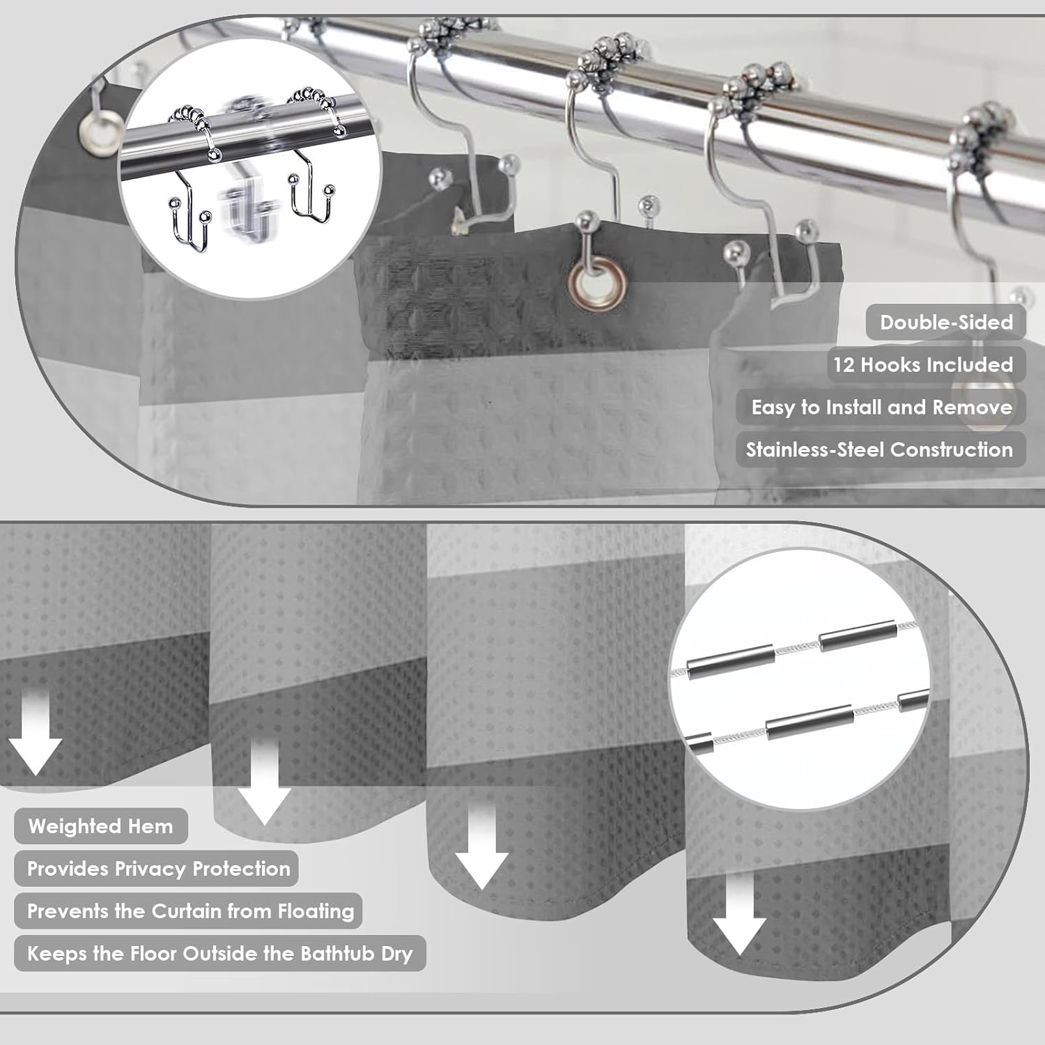 Britimes Grey Stripes Bathroom Sets with Shower Curtain and Rugs, Ombre Modern Minimalist Striped Waterproof Shower Curtain Liner and Soft Non Slip Bath Mat for Bathroom Decor and Accessories Hooks