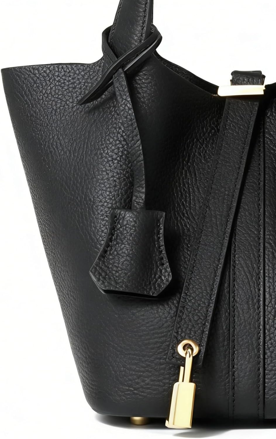 Genuine Leather Bucket Bag for Women: Lock Design Shoulder Handbag Versatile Top-Handle Tote Fashionable Vegetable Basket