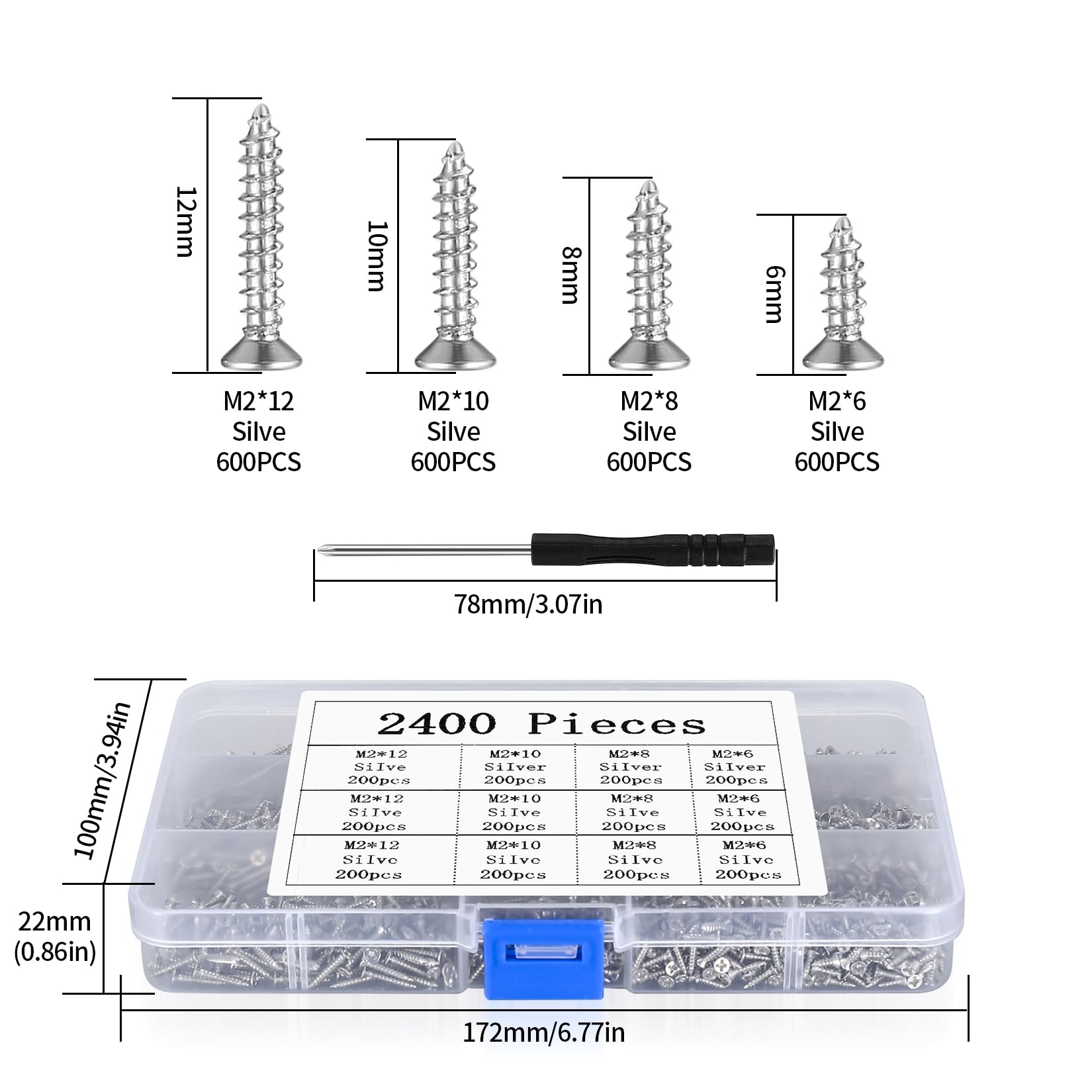 800 Pezzi Set Di Vi Autofilettanti Per Legno, Vi A Testa Piatta M2