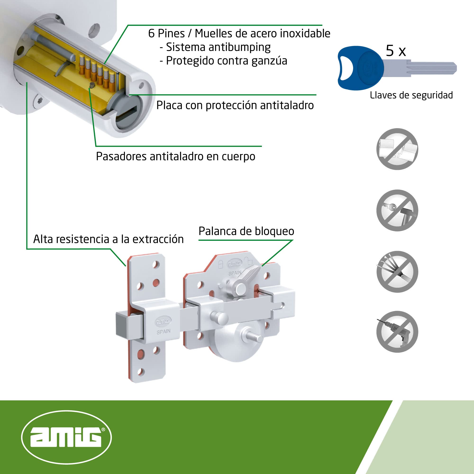 Amig - Cerrojo de Sobreponer de Acero para Puertas con Pestillo de Apertura y Palanca de Bloqueo - 90 x 154 mm, Cilindro 50 mm - Color Plateado - Alta Seguridad Antibumping · Antiganzúa · Antitaladro