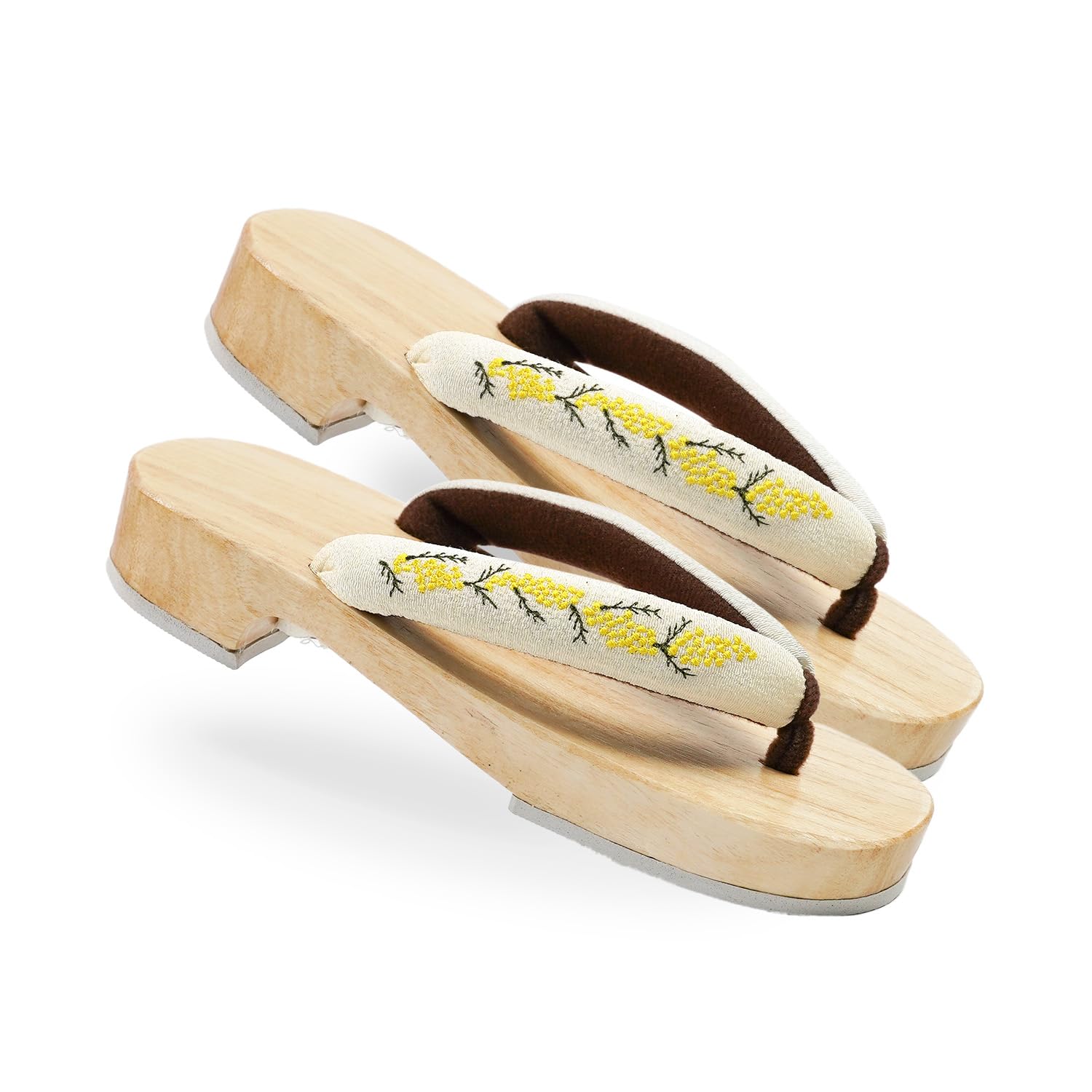 (Atamari) Women's Wooden Clogs, White Wood, Yukata, Lace, Embroidery, Nose Strap, F Size, Mimosa Embroidery, Stylish, Painless, Fluffy Nose Strap, One Rank Up, Beautiful Woodgrain, Yukata Sandals, Yuk