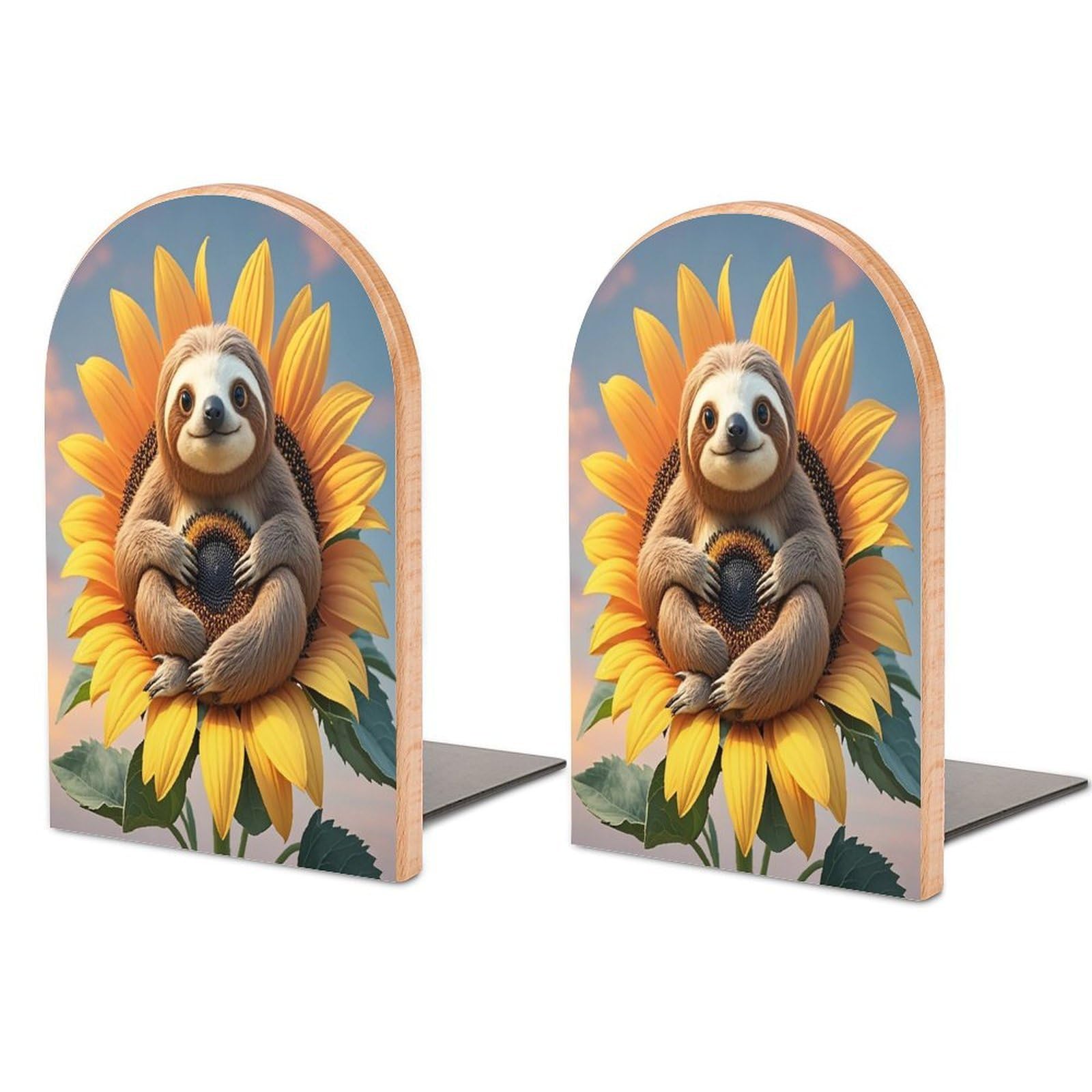 Sloth Sitting on Sunflower Bookend for Shelves Unique Book End Sturdy Books Holder Heavy Duty Wooden Bookends Support Non-Slip Book Organizers Decorative Modern Bookend Holder for Home