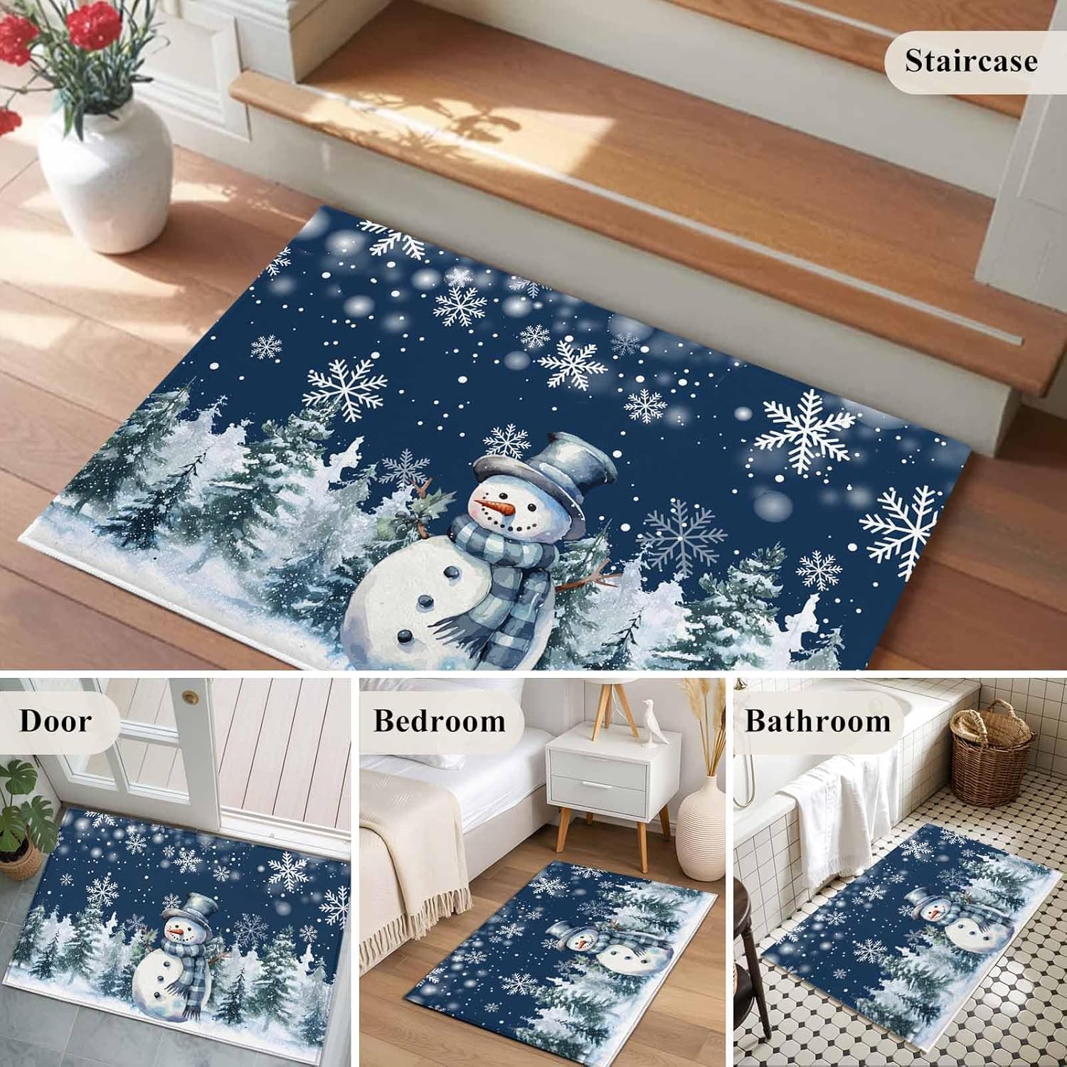 Entrance Runner Rug 2'x3', Christmas Snowman Non-slip Doormat for Indoor Outdoor Entrance, Xmas Trees Navy Blue Snowflake Washable Throw Floor Mat for Front Door/Living Room/Bedroom/Bathroom/Kitchen