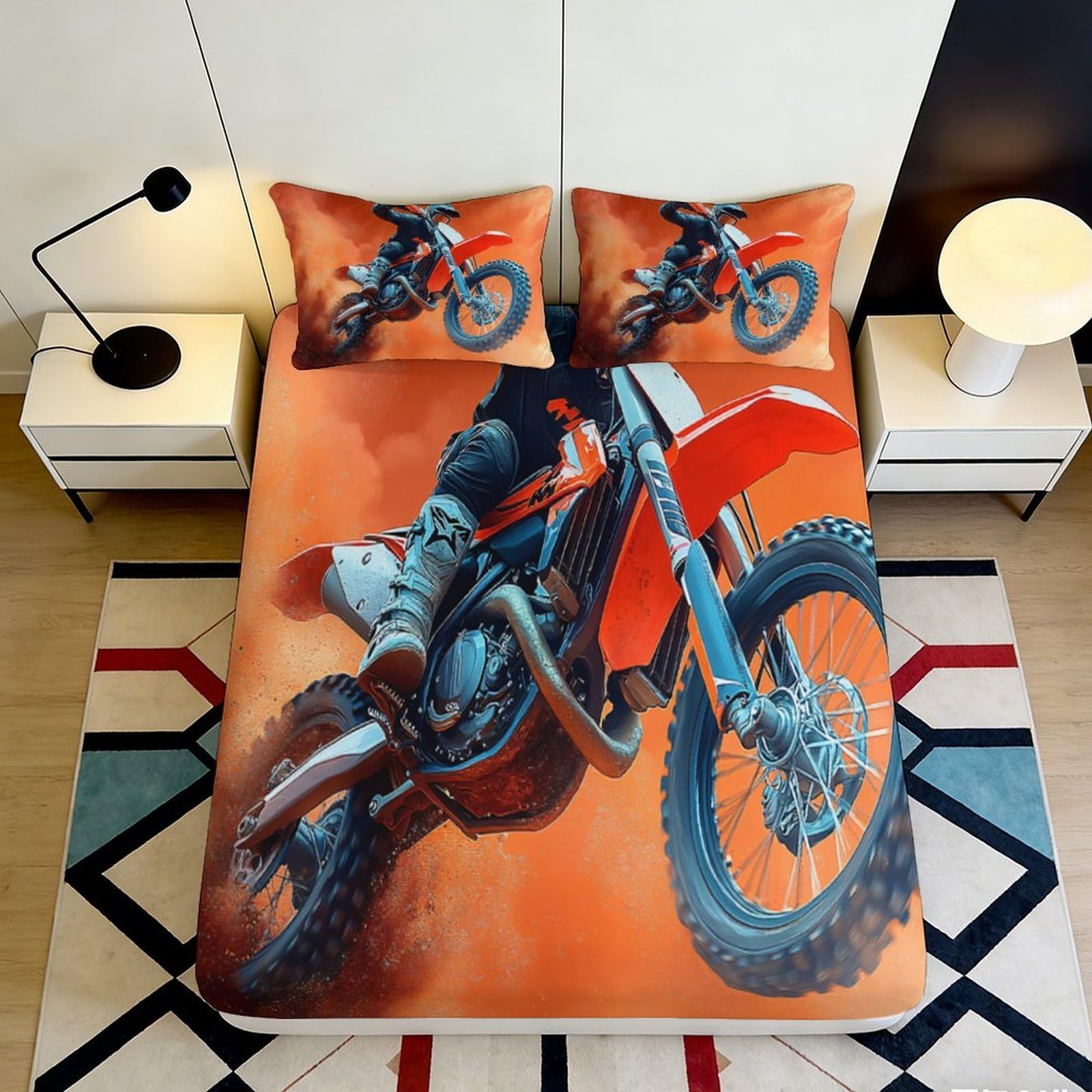 Pnayamiorkfel Style-7 3D Printed Motocross Adventure Fitted Sheet Microfiber Orange Dirt Bike Bed Cover For Bedroom Guest Room Decor 90X200x25cm