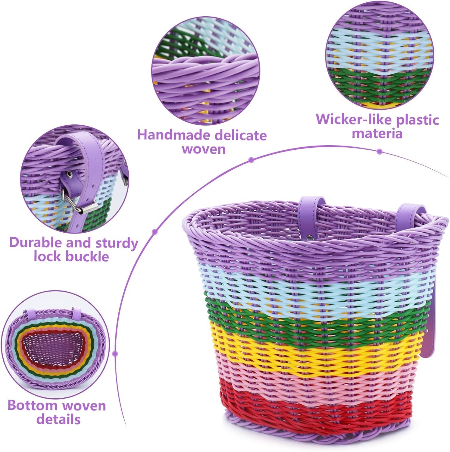 Panier de vélo pour enfant - Panier de vélo avant pour enfants - Avec sangles en polyuréthane, autocollants, glands de vélo et sonnette de vélo - Accessoires de vélo pour enfants - Couleur arc-en-ciel