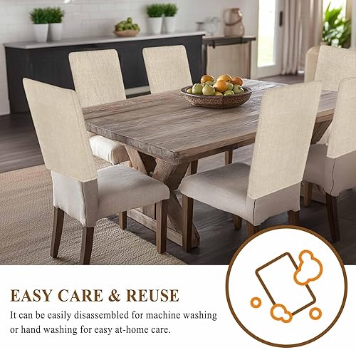 Miniatura 4 de Paquete de 4 fundas de lino beige para sillas de comedor, color liso puro, lavable, extraíble, fundas para sillas de respaldo, funda de respaldo