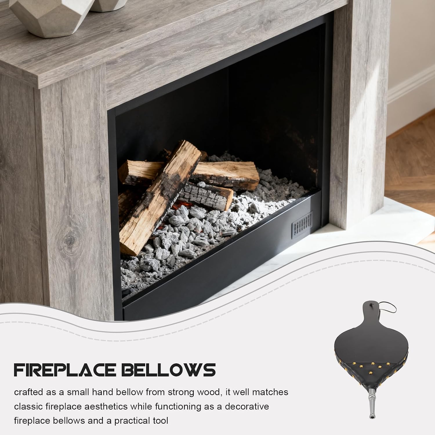 Lurrose Wooden Fireplace Bellows Manual Fire Blower with Silver Metal Nozzle for Indoor Wood Stoves, Campfire and BBQ Air Blower Tool, Portable Stove Wood Bellows for Fire Starting