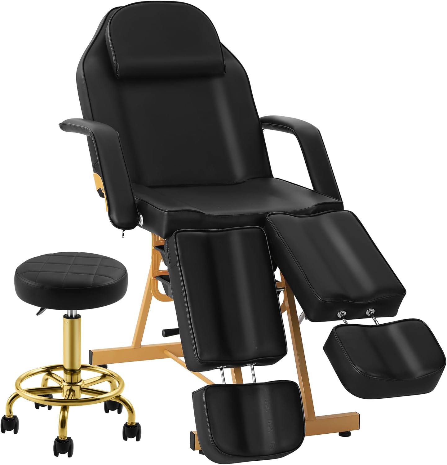 Tattoo Artist Chair Facial Bed for Esthetician with Split Leg, Black Tilting Lash Chair with Rolling Stool for Massage, Eyelash, Spa, Salon, Barber Equipment, Black & Gold
