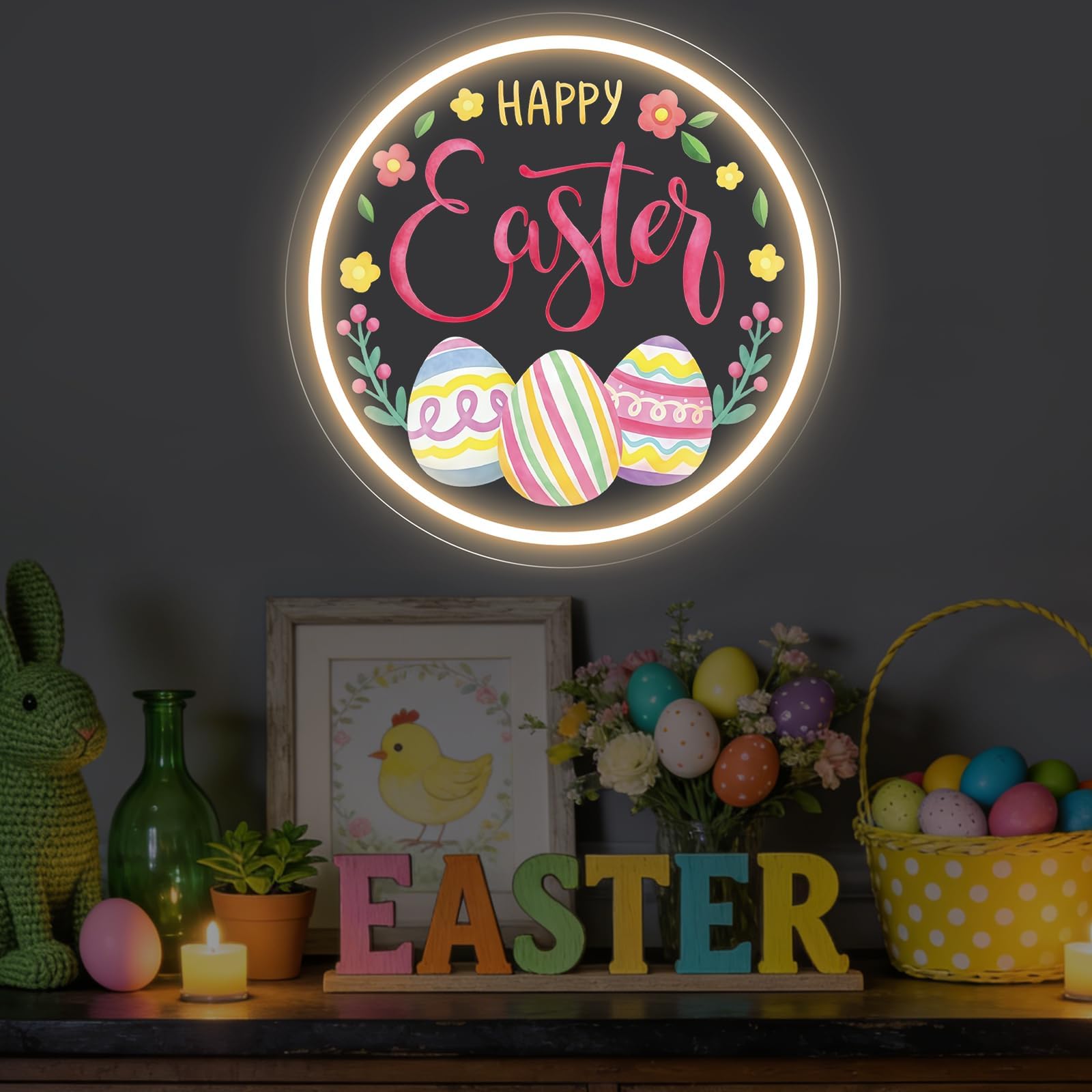 Neonowy znak Happy Easter, ciepłe białe jajko i kwiatowy nadruk UV lampa ścienna LED na Wielkanoc, do salonu, na imprezę, do pokoju dziecięcego, dekoracja świąteczna
