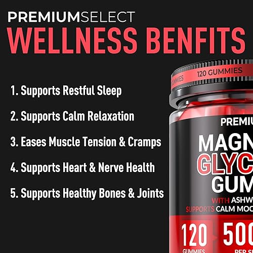 Miniatura 4 de Gomitas de glicinato de magnesio para adultos, 500 mg, 120 gomitas sin azúcar, apoyo para calmar y dormir con bálsamo de limón Ashwagandha y