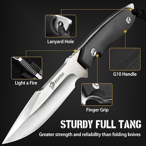 Miniatura 3 de NedFoss Cuchillo de supervivencia con iniciador de fuego y funda Kydex, cuchillo de campamento de hoja fija de 9.25 pulgadas de espiga completa con